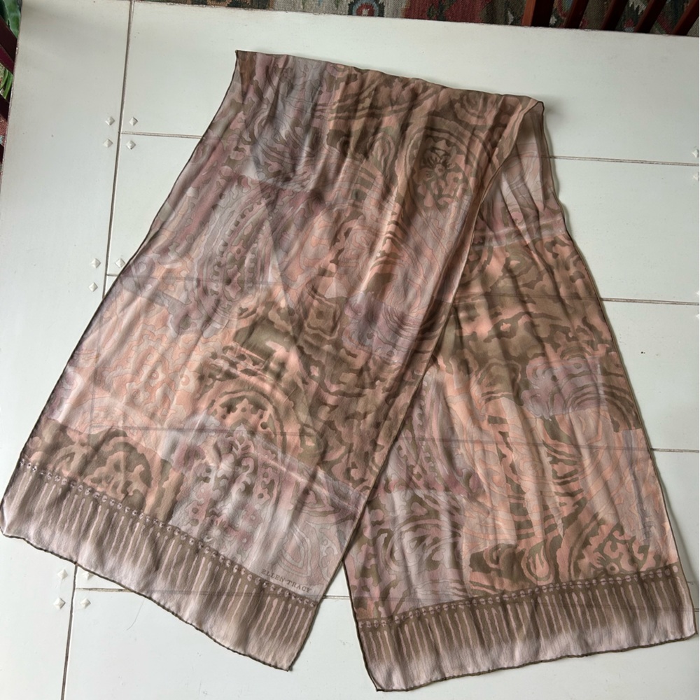 Ellen Tracy Elegant Brown, Tan and Blush Pink Silk Scarf with beading